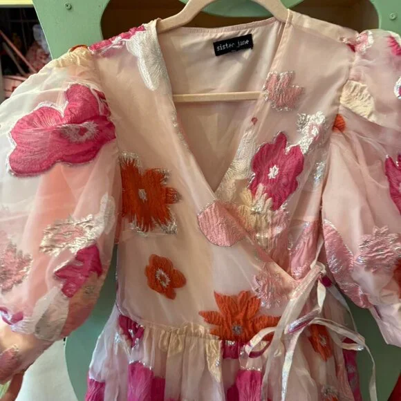 Sister Jane rare pink and red floral wrap dress size small - Picture 3 of 8